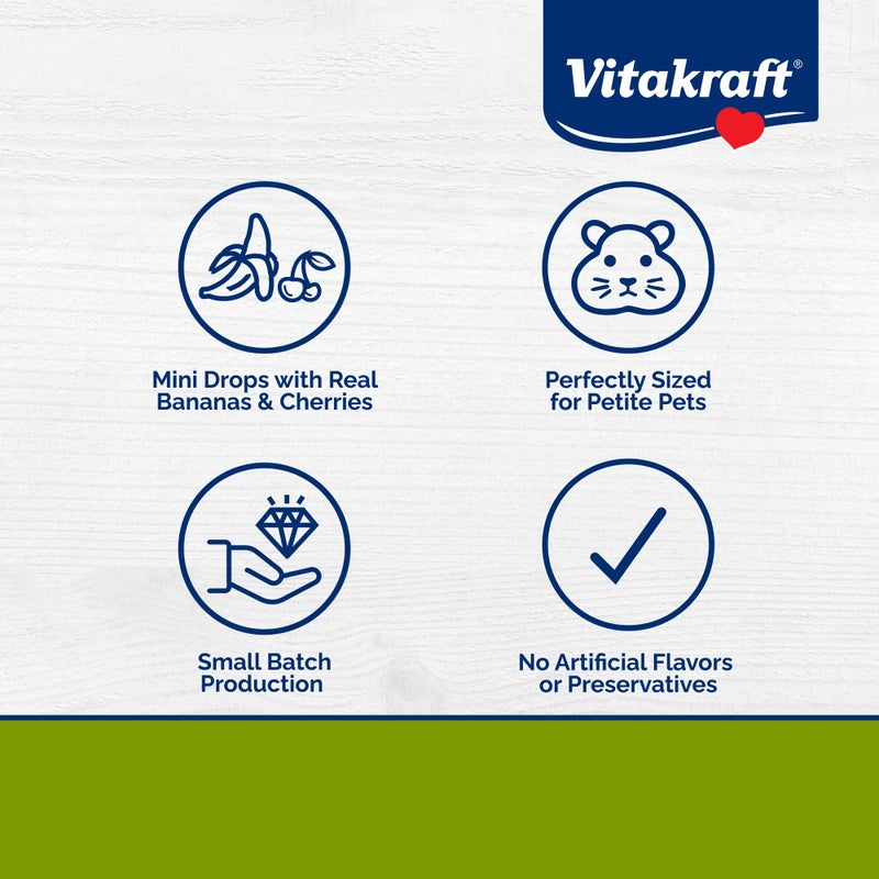 Vitakraft فيتاكرافت ميني دروبس نكهات الكرز والموز لالهامستر والفئران والجرذان والحيوانات الأليفة الصغيرة - وجبات خفيفة صحية للحيوانات الصغيرة بنكهة الفاكهة الحقيقية وفوائد غنية بالمغذيات - عبوة 2.5 أونصة - Image 2